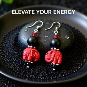 Super Cute! Large & Chunky! Black + Red Elephant Dangle Earrings! Tuskers!!!